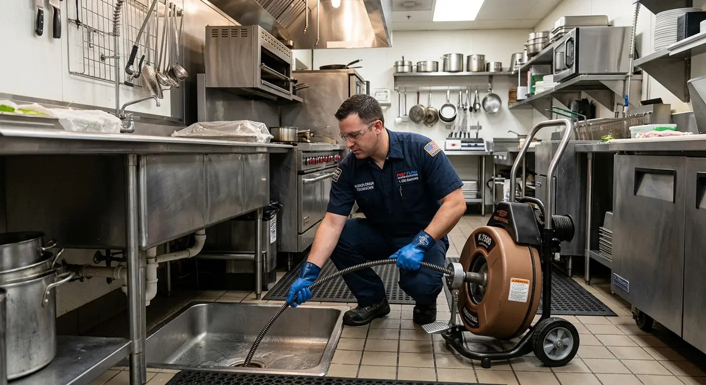 Commercial drain cleaning service in a restaurant kitchen in Vallejo