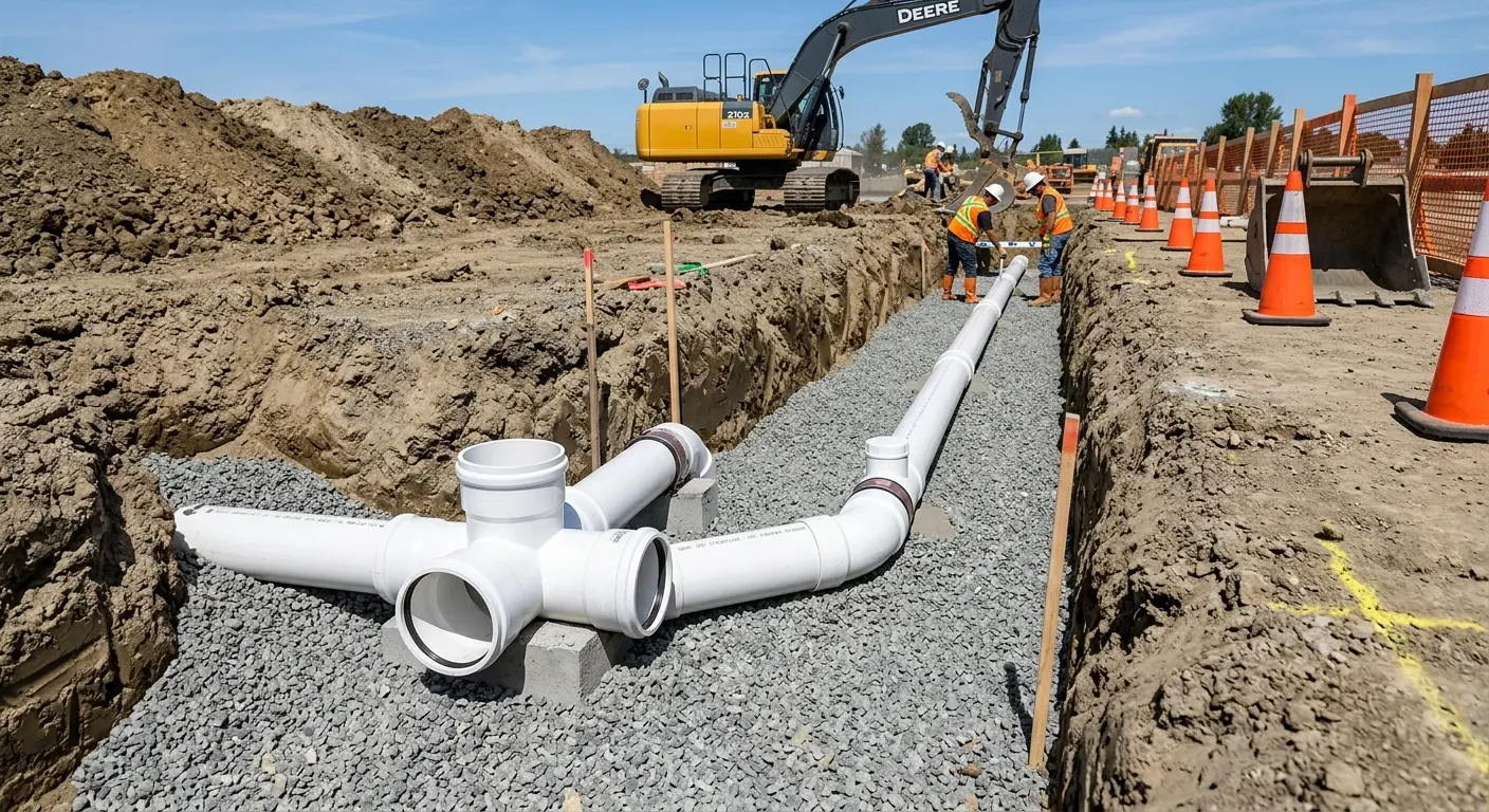 New PVC sewer pipe installation in open trench for Sewer Backup in Vallejo