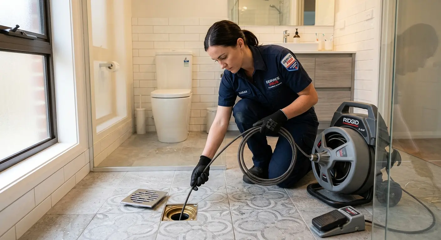Technician clearing a bathroom floor drain for Drain Cleaning in Vallejo